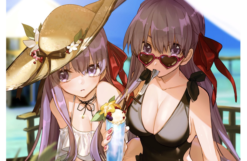 2girls bb_(fate/extra_ccc) black_swimsuit blurry breasts casual_one-piece_swimsuit choker cleavage commentary_request day depth_of_field drink drinking_straw dual_persona eyebrows_visible_through_hair fate/extra fate/extra_ccc fate_(series) flower food glint hair_ribbon hat hat_flower hat_ribbon heart heart-shaped_eyewear highres hino_hinako large_breasts looking_at_viewer matou_sakura mouth_hold multiple_girls nail_polish one-piece_swimsuit outdoors parted_lips pocky purple_hair ribbon ribbon_choker sun_hat sunglasses swimsuit violet_eyes