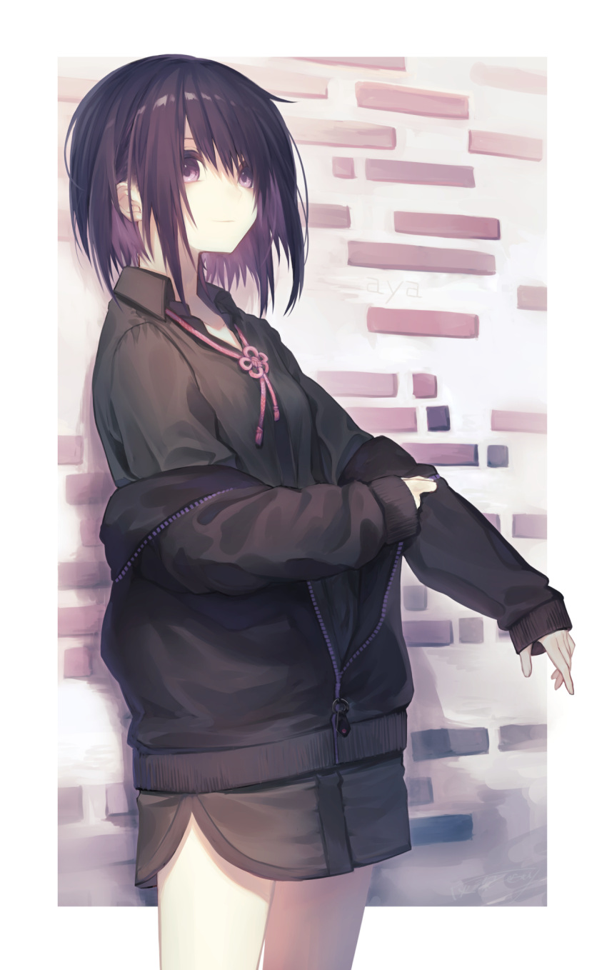 1girl bangs black_hair black_jacket black_shirt brick_wall closed_mouth collared_shirt commentary_request cowboy_shot flower_knot hair_between_eyes haizome_senri highres jacket light_smile long_sleeves looking_at_viewer medium_hair neck_ribbon off_shoulder original partially_unbuttoned partially_unzipped pink_ribbon ribbon shiny shiny_hair shirt sleeves_past_wrists solo standing violet_eyes wall wing_collar zipper zipper_pull_tab