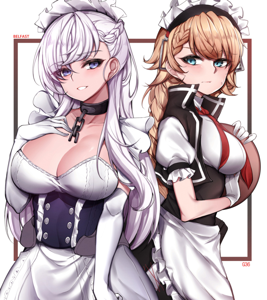 2girls apron azur_lane bangs belfast_(azur_lane) blonde_hair blue_eyes blush braid breasts chains character_name chickenvomit cleavage collar collarbone corset dress elbow_gloves eyebrows_visible_through_hair french_braid frills g36_(girls_frontline) girls_frontline gloves hair_ornament hand_on_own_chest highres holding holding_tray large_breasts long_hair looking_at_viewer maid maid_apron maid_headdress medium_breasts multiple_girls sidelocks silver_hair simple_background smile sweatdrop tray very_long_hair white_gloves