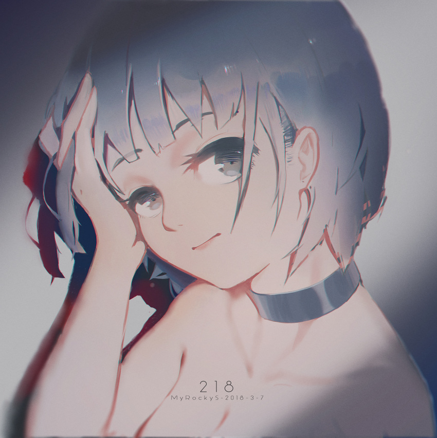 1girl artist_name bangs bare_shoulders blue_hair breasts choker chromatic_aberration cleavage close-up dated grey_eyes hand_on_head highres looking_at_viewer original portrait shadow short_hair solo wudi_sao_nian