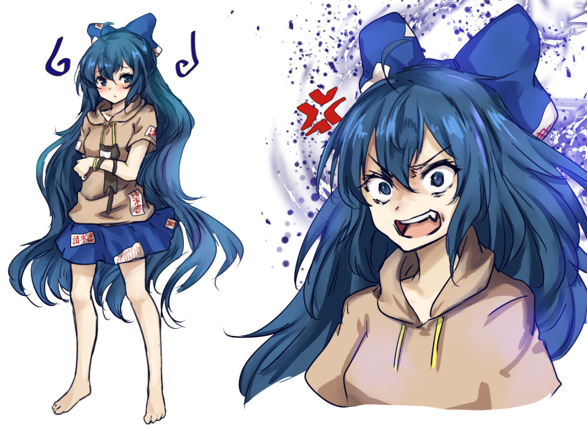 1girl ahoge amagi_(amagi626) anger_vein angry aura bangle bare_legs barefoot blue_bow blue_eyes blue_hair blue_skirt blush bow bracelet breasts collarbone commentary_request cropped_torso debt drawstring eyebrows_visible_through_hair fang full_body grey_hoodie hair_between_eyes hair_bow holding holding_stuffed_animal hood hoodie jewelry long_hair looking_at_viewer miniskirt multiple_views open_mouth short_sleeves simple_background skirt small_breasts standing stuffed_animal stuffed_cat stuffed_toy touhou upper_body v-shaped_eyebrows very_long_hair wavy_hair white_background yorigami_shion