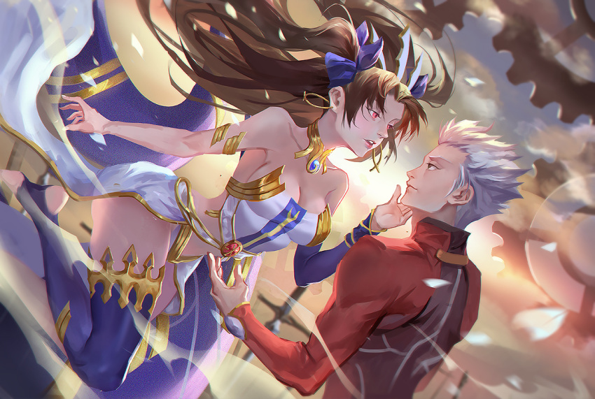 1boy 1girl archer armlet black_hair blue_ribbon breasts cleavage earrings eye_contact fate/grand_order fate/stay_night fate_(series) gears hair_ribbon hand_on_another's_cheek hand_on_another's_face hoop_earrings ishtar_(fate/grand_order) jewelry ji_wuming long_hair looking_at_another pixiv_fate/grand_order_contest_1 red_eyes ribbon silver_hair single_detached_sleeve single_thighhigh strapless sword thigh-highs toeless_legwear tohsaka_rin two_side_up unlimited_blade_works weapon