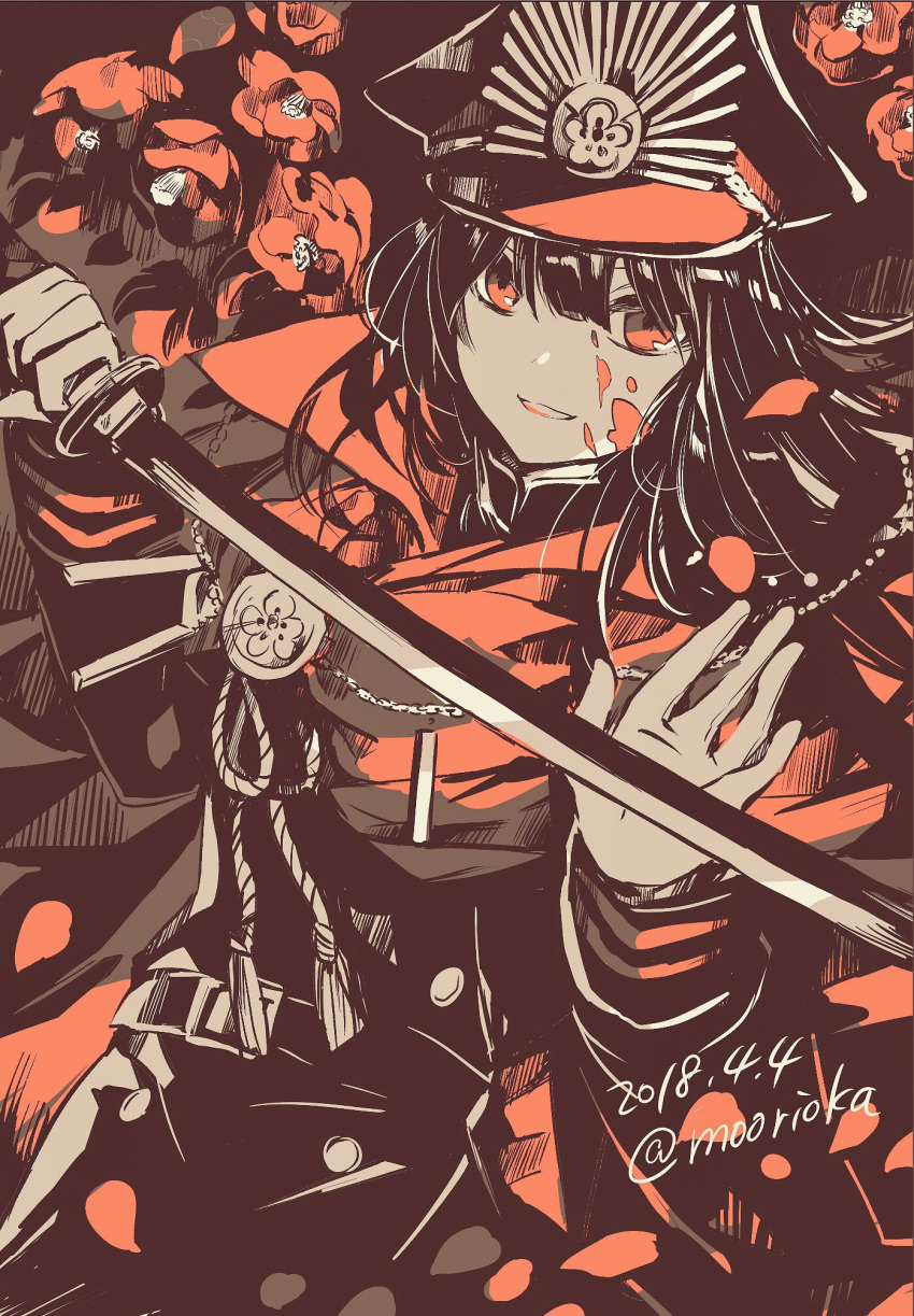 1girl black_hair blood blood_on_face blood_splatter coat commentary_request dated fate_(series) gloves hat highres holding holding_sword holding_weapon jacket katana koha-ace long_hair long_sleeves looking_at_viewer monochrome oda_nobunaga_(fate) parted_lips peaked_cap red red_eyes red_scarf rioka_(southern_blue_sky) scarf smile solo standing sword twitter_username upper_body weapon