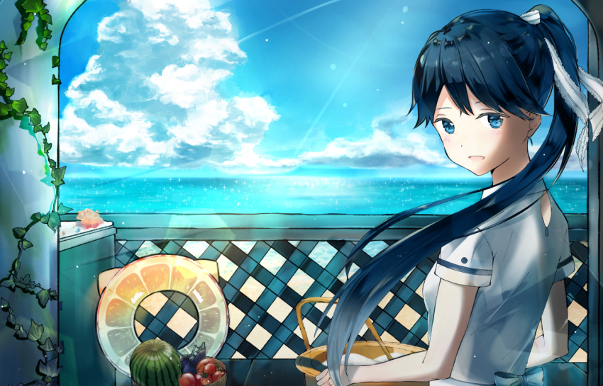 1girl ameharu1995 black_hair blue_eyes blue_sky bowl clouds dress flower food from_behind fruit hair_ribbon houshou_(kantai_collection) kantai_collection lens_flare looking_back ocean open_mouth plant ponytail ribbon shore sky smile solo sunlight upper_body vines watermelon white_dress