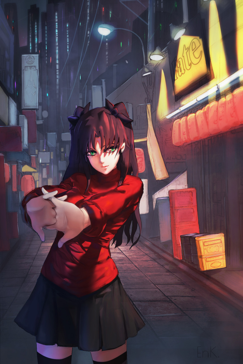 1girl alley black_hair black_legwear black_ribbon black_skirt city cracking_knuckles enk_(t4m0) fate/stay_night fate_(series) green_eyes hair_ribbon highres lamppost long_hair outstretched_arms pleated_skirt red_shirt ribbon shirt skirt solo thigh-highs tohsaka_rin two_side_up zettai_ryouiki