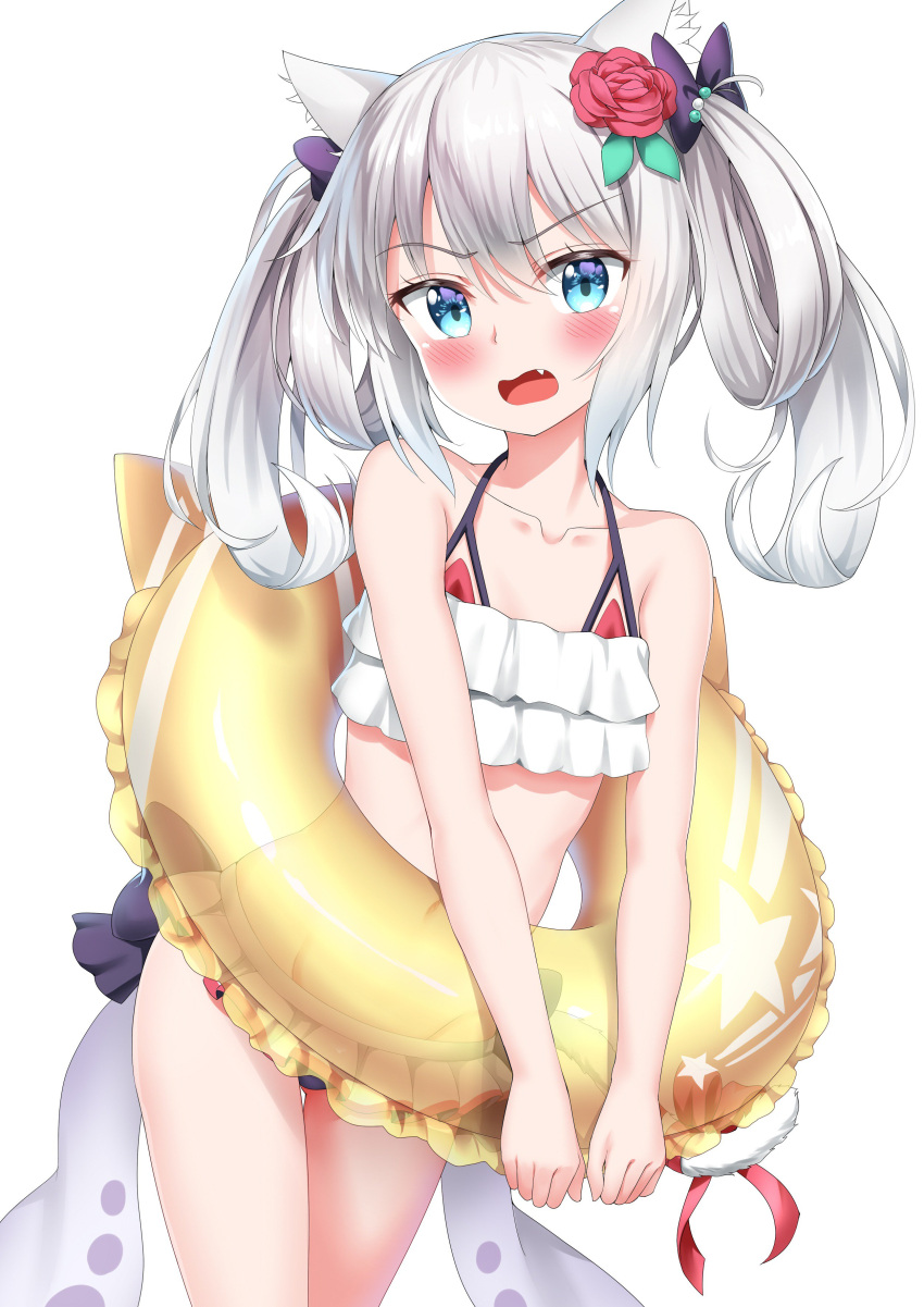 1girl absurdres animal_ears azur_lane bikini black_bow blue_eyes blush bow cat_ears cat_tail embarrassed eyebrows_visible_through_hair fang flower folded_hair frilled_bikini frills grey_hair hair_bow hair_flower hair_ornament hair_ribbon hammann_(azur_lane) highres innertube looking_at_viewer navel nedia_(nedia_region) open_mouth purple_ribbon red_bikini red_bow red_flower red_ribbon red_rose ribbon rose simple_background solo swimsuit tail twintails white_background yellow_innertube