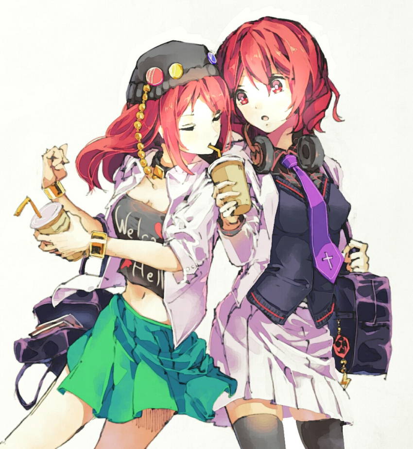 2girls bag black_hat black_legwear black_shirt black_vest bracelet closed_eyes clothes_writing commentary_request cup drink drinking drinking_straw green_skirt hair_between_eyes hat headphones headphones_around_neck hecatia_lapislazuli highres holding holding_bag holding_cup horikawa_raiko jewelry long_hair long_sleeves looking_at_another multiple_girls necktie parted_lips pleated_skirt purple_neckwear red_eyes redhead satchel shirt shometsu-kei_no_teruru short_hair short_sleeves simple_background skirt sweater_vest thigh-highs touhou vest white_background white_coat white_skirt zettai_ryouiki