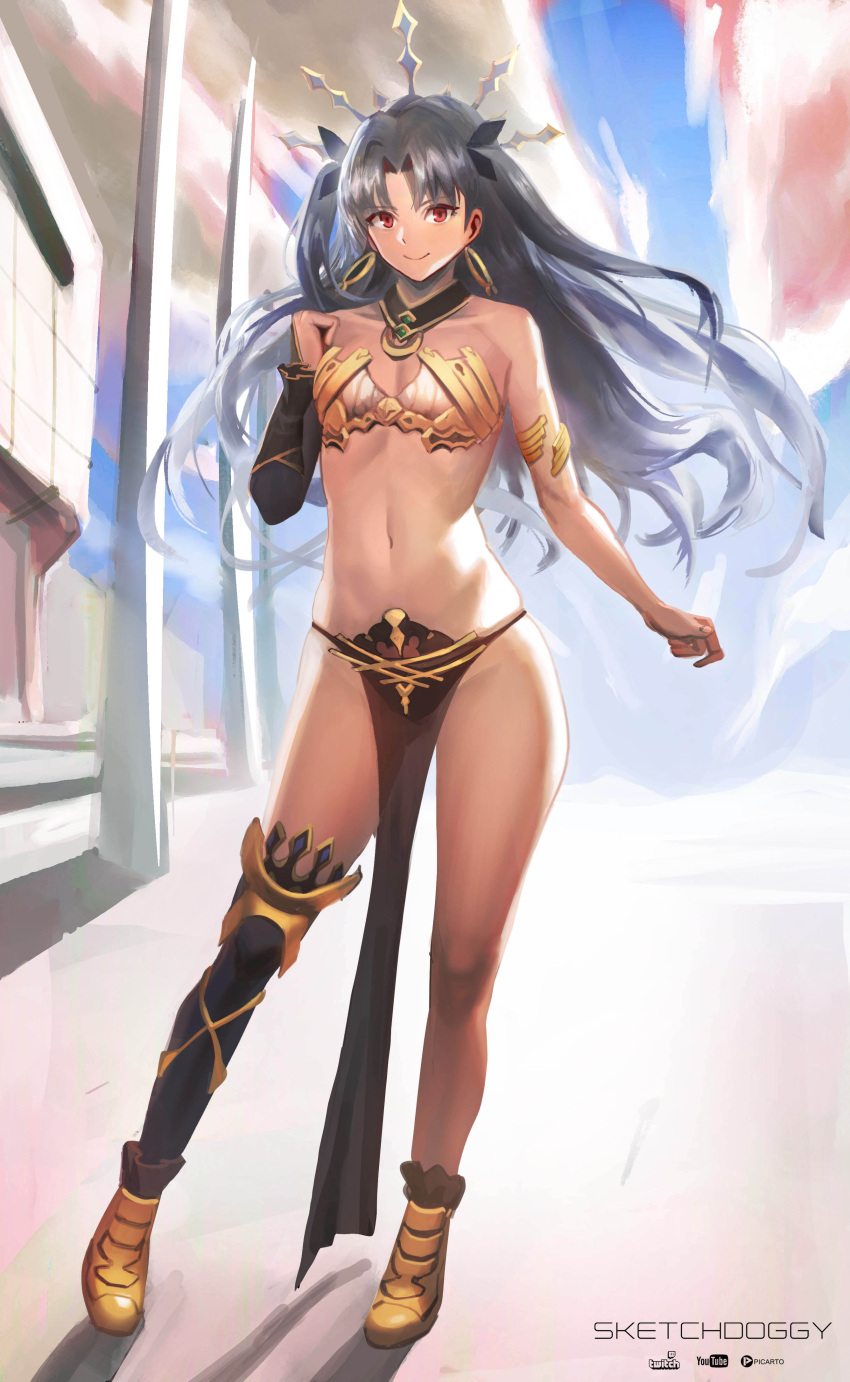 1girl absurdres armlet asymmetrical_legwear asymmetrical_sleeves bangs black_hair black_ribbon earrings fate/grand_order fate_(series) hair_ribbon highres hoop_earrings ishtar_(fate/grand_order) jewelry long_hair looking_at_viewer midriff navel neck_ring parted_bangs powda red_eyes ribbon single_detached_sleeve single_thighhigh smile solo thigh-highs tiara tohsaka_rin two_side_up