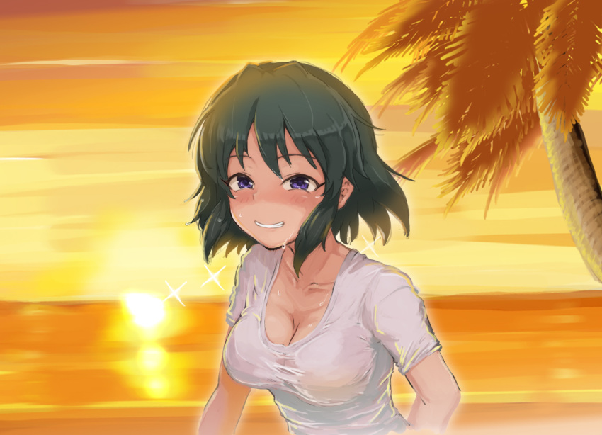 1girl black_hair blush breasts cleavage collarbone commentary_request grin highres idolmaster idolmaster_cinderella_girls large_breasts looking_at_viewer glasses_chuu natalia_(idolmaster) ocean palm_tree shirt short_hair smile solo sunset tree violet_eyes wet wet_clothes wet_shirt wet_t-shirt