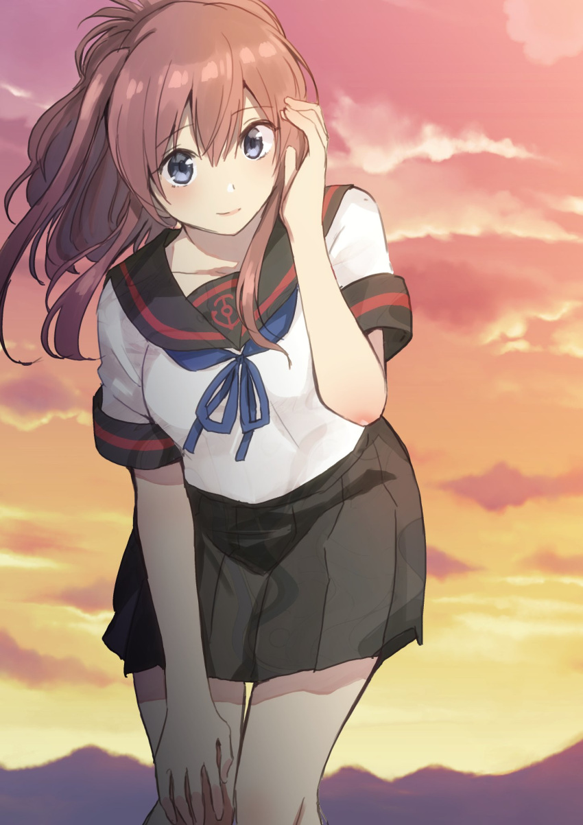 1girl black_skirt blue_eyes blush breasts brown_hair closed_mouth collarbone cosplay fubuki_(kantai_collection) fubuki_(kantai_collection)_(cosplay) hand_on_own_cheek hand_on_own_knee highres kantai_collection leaning_forward looking_at_viewer masukuza_j medium_breasts outdoors pleated_skirt ponytail remodel_(kantai_collection) sailor_collar saratoga_(kantai_collection) school_uniform serafuku short_sleeves side_ponytail sidelocks skirt smile solo standing sunset