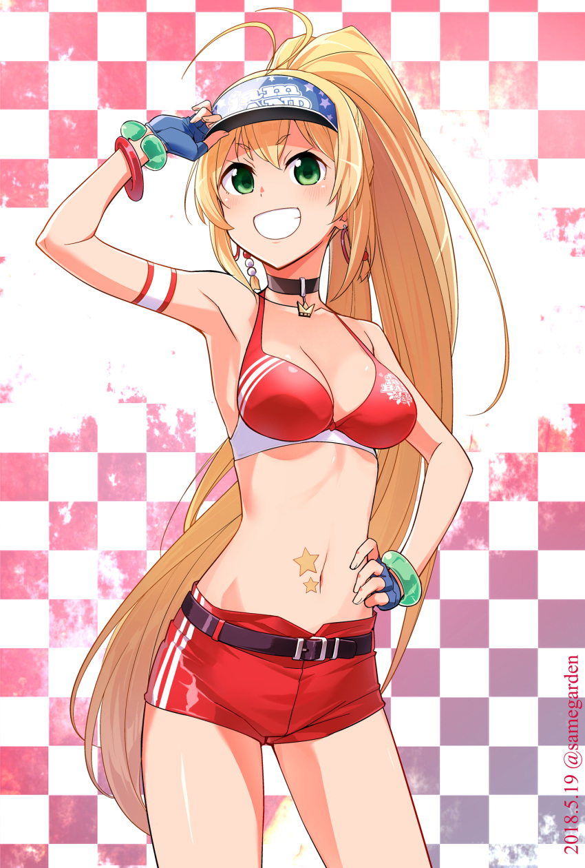 1girl :d antenna_hair arm_strap armpits bangs belt blonde_hair blue_gloves bracelet breasts checkered checkered_background choker cleavage collarbone cowboy_shot earrings eyebrows_visible_through_hair fingerless_gloves gloves green_eyes grin hair_between_eyes hand_on_hip high_ponytail highres jewelry jii_(seiga7099526) long_hair medium_breasts midriff navel open_mouth racequeen red_bikini_top red_shorts shiny shiny_clothes shiny_skin short_shorts shorts smile solo star stomach tsurumaki_maki very_long_hair voiceroid