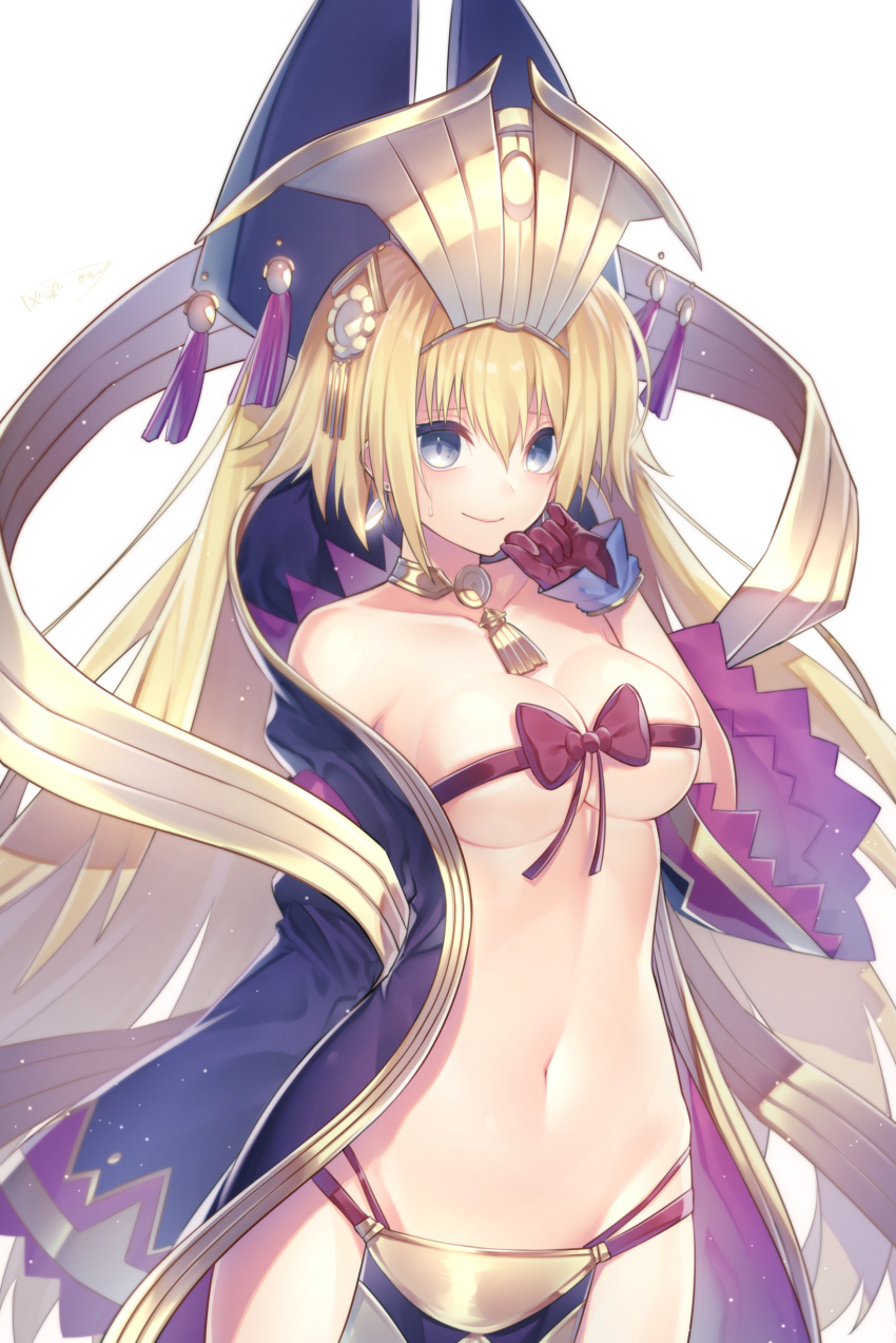 1girl absurdres bangs bare_shoulders big_hair blonde_hair blue_eyes blurry blush bow breasts brown_bow brown_gloves brown_ribbon chinese_clothes closed_mouth collar collarbone commentary_request cosplay cowboy_shot depth_of_field earrings fate/grand_order fate_(series) gloves groin hair_between_eyes hair_ornament haizome_senri hand_on_own_face hand_up headgear headpiece highres jeanne_d'arc_(fate) jeanne_d'arc_(fate)_(all) jewelry large_breasts light_particles long_hair long_sleeves looking_at_viewer navel nose_blush pelvic_curtain ribbon shiny shiny_hair sidelocks signature simple_background smile solo standing stomach stud_earrings sweatdrop tassel very_long_hair white_background wide_sleeves wrist_cuffs wu_zetian_(fate/grand_order) wu_zetian_(fate/grand_order)_(cosplay)