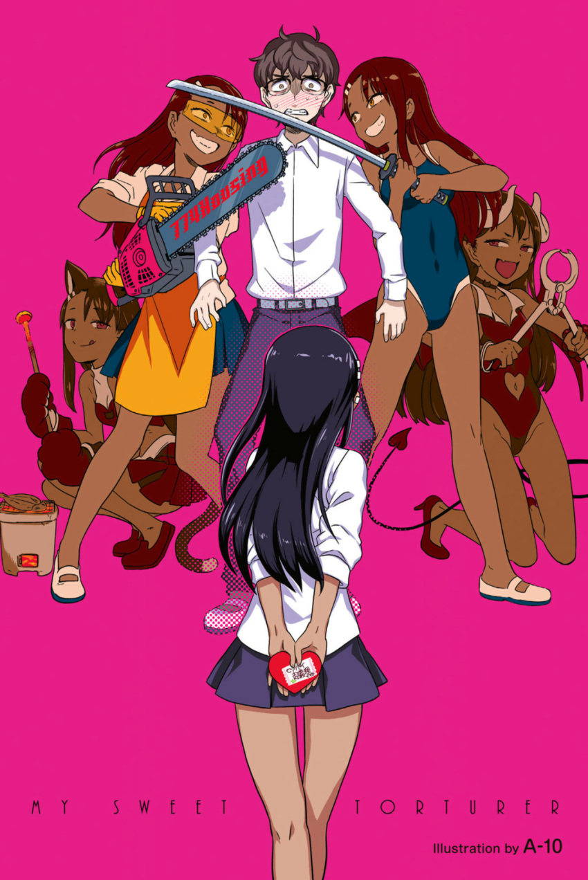 1boy 5girls animal_ears apron artist_name black_hair branding_iron cat_ears cat_paws cat_tail chainsaw cheerleader covered_navel dark_skin demon_girl demon_horns demon_tail demon_wings denim dress_shirt fang fuwa_daisuke glasses grin hachiouji hair_ornament hairclip high_heels highres horns ijiranaide_nagatoro-san jeans katana multiple_girls multiple_persona nagatoro navel_cutout pants paws safety_glasses school_swimsuit school_uniform shirt shoes simple_background sleeves_rolled_up smile swimsuit sword tail tan tanline tongs valentine weapon wings