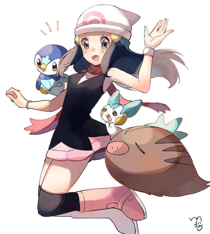 /\/\/\ 1girl :d bare_shoulders black_legwear black_shirt blue_hair boots breasts full_body gen_2_pokemon gen_4_pokemon grey_eyes hair_ornament hat highres hikari_(pokemon) kneehighs medium_breasts miniskirt open_mouth pachirisu pink_footwear pink_scarf pink_skirt piplup pokemon pokemon_(creature) pokemon_(game) pokemon_dppt ririmon scarf shirt signature simple_background skirt smile straight_hair swinub tank_top white_background white_hat wristband