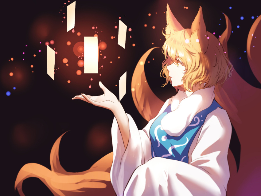 1girl animal_ears blonde_hair fox_ears fox_tail highres magic multiple_tails no_hat no_headwear profile short_hair solo spell_card tail touhou upper_body yakumo_ran yaosan233