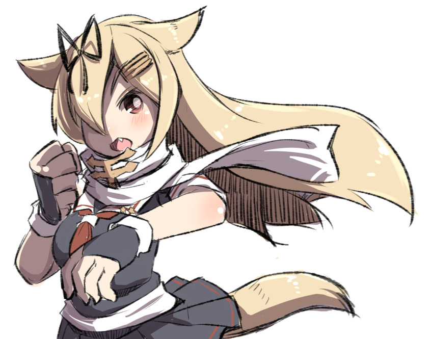 1girl :d animal_ears bangs black_gloves black_ribbon black_serafuku black_shirt black_skirt blonde_hair blush breasts dog_ears dog_girl dog_tail eyebrows_visible_through_hair fang fingerless_gloves gloves hair_ornament hair_ribbon hairclip kantai_collection kemonomimi_mode long_hair looking_at_viewer medium_breasts neckerchief open_mouth pleated_skirt red_eyes red_neckwear remodel_(kantai_collection) ribbon scarf school_uniform serafuku shirt short_sleeves simple_background skirt smile solo tail u-non_(annon'an) very_long_hair white_background white_scarf yuudachi_(kantai_collection)