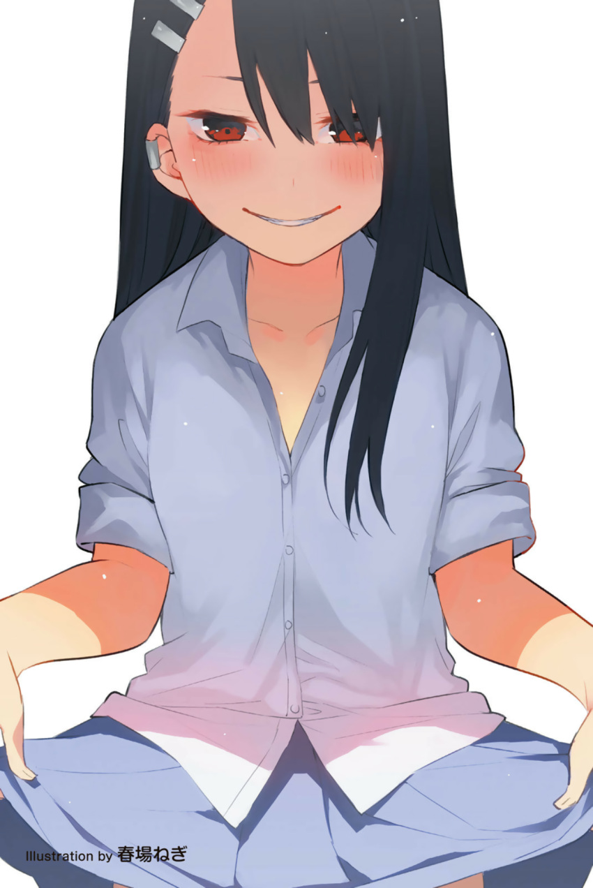 1girl artist_name black_hair blue_skirt blush brown_eyes cowboy_shot dark_skin dress_shirt grin hair_ornament hairclip haruba_negi highres ijiranaide_nagatoro-san lifted_by_self long_hair looking_at_viewer nagatoro school_uniform shirt simple_background skirt skirt_lift sleeves_rolled_up smile solo tsurime untucked_shirt white_background white_shirt wing_collar