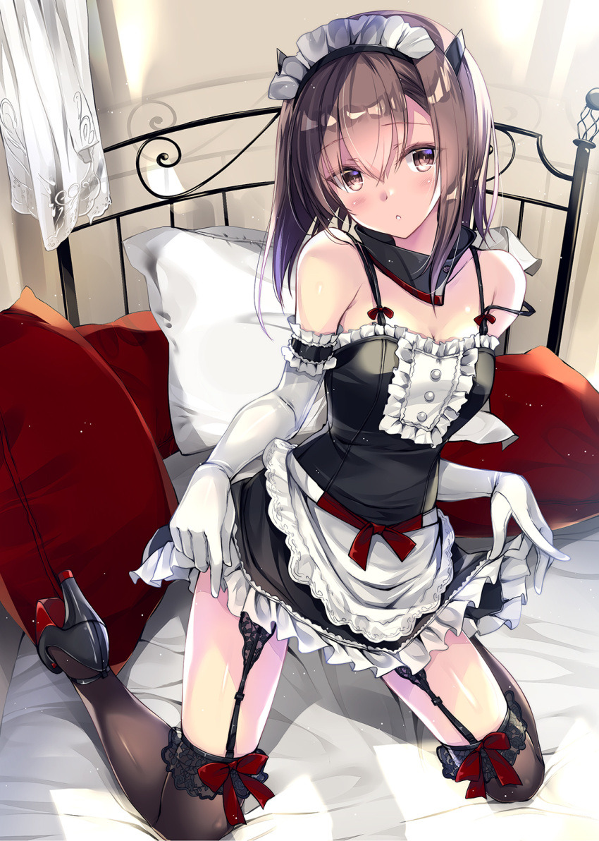 1girl apron arm_garter bangs bare_shoulders black_legwear blush boots bow_legwear breasts brown_eyes brown_hair choker cleavage curtains day elbow_gloves eyebrows_visible_through_hair garter_belt garter_straps gloves hair_between_eyes head_tilt headgear high_heels highres kantai_collection kneeling kobayashi_chisato lifted_by_self light_particles looking_at_viewer maid maid_apron maid_headdress on_bed parted_lips pillow short_hair sidelocks skindentation skirt skirt_lift small_breasts solo taihou_(kantai_collection) thighs white_gloves