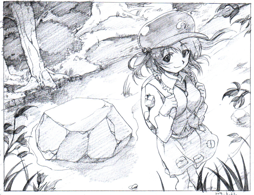 1girl backpack bag black_border border character_request closed_mouth dated graphite_(medium) greyscale hair_bobbles hair_ornament hat long_sleeves looking_at_viewer monochrome outdoors pink_x pouch rock skirt smile solo standing touhou traditional_media tree two_side_up vest