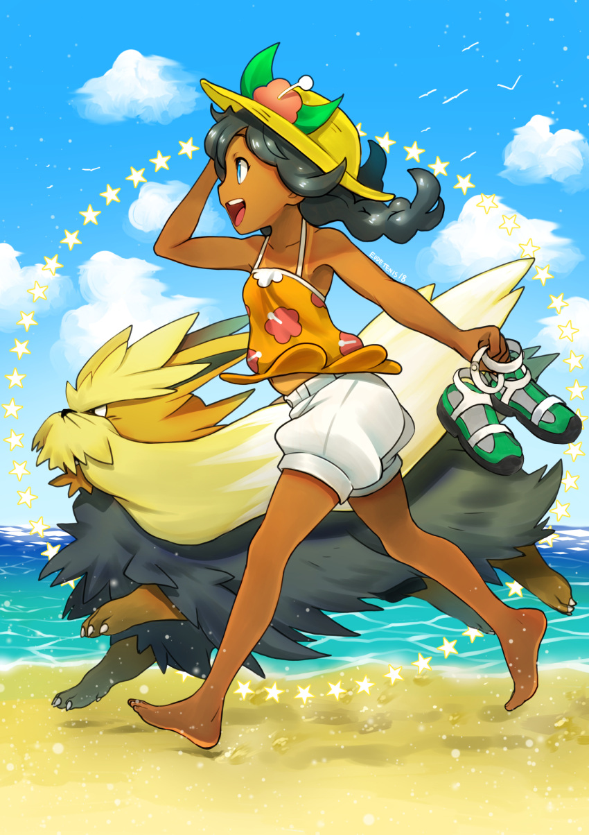 1girl beach dog eudetenis highres pokemon running stoutland tagme