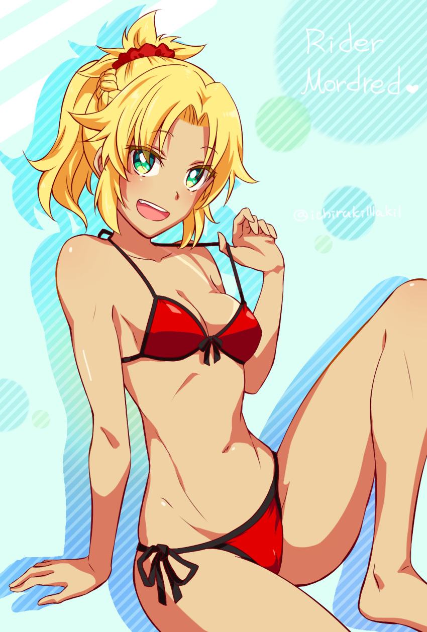 1girl :d bikini bikini_pull blonde_hair breasts character_name cleavage fate/grand_order fate_(series) front-tie_bikini front-tie_top green_eyes hair_ornament hair_scrunchie haruka_(yakitoritabetai) head_tilt highres mordred_(fate) mordred_(fate)_(all) mordred_(swimsuit_rider)_(fate) navel open_mouth red_bikini scrunchie short_hair short_ponytail side-tie_bikini sitting small_breasts smile solo spiky_hair swimsuit tan tanline