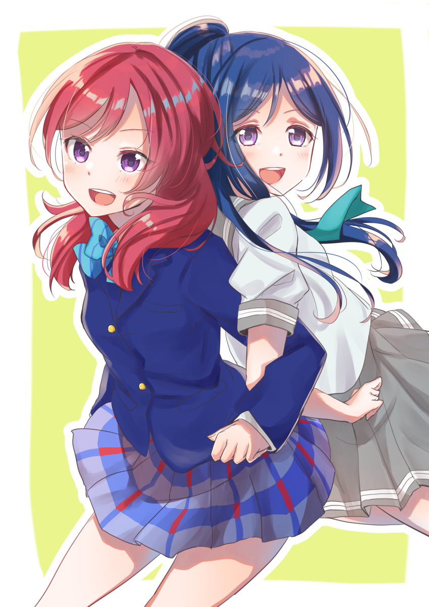 2girls absurdres blazer blue_hair bow bowtie highres jacket long_hair love_live! love_live!_school_idol_project love_live!_sunshine!! matsuura_kanan multiple_girls nishikino_maki ponytail redhead school_uniform shigure0730 short_hair violet_eyes