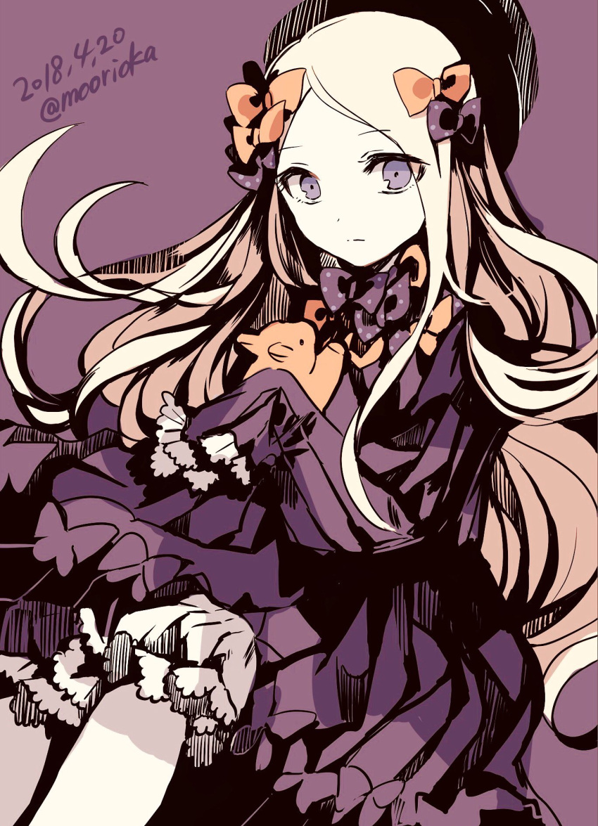 1girl abigail_williams_(fate/grand_order) bangs black_bow black_dress black_hat blonde_hair bloomers blue_eyes bow brown_background bug butterfly closed_mouth dated dress eyebrows_visible_through_hair fate/grand_order fate_(series) forehead hair_bow hat highres insect long_hair long_sleeves looking_at_viewer object_hug orange_bow parted_bangs polka_dot polka_dot_bow rioka_(southern_blue_sky) simple_background sleeves_past_fingers sleeves_past_wrists solo stuffed_animal stuffed_toy teddy_bear twitter_username underwear very_long_hair white_bloomers