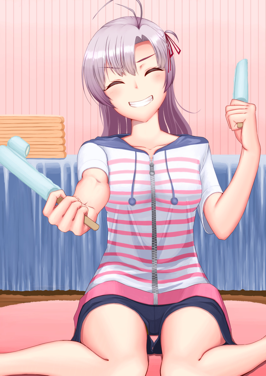 absurdres alternate_costume bare_legs closed_eyes commentary food highres kantai_collection kinugasa_(kantai_collection) kuroyume_suna pink_hair popsicle shorts tagme