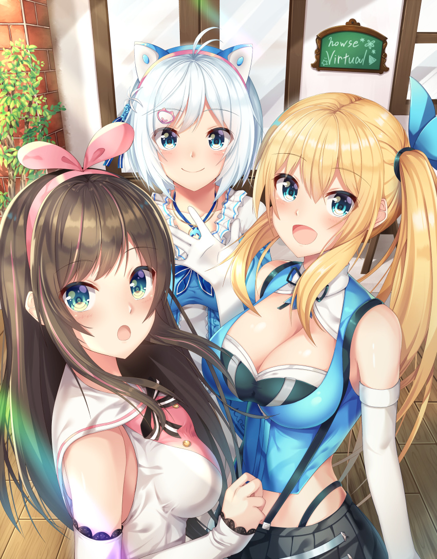 3girls a.i._channel absurdres amagi_korona blonde_hair blue_eyes blush breasts brown_hair cleavage closed_mouth commentary_request cowboy_shot dennou_shoujo_youtuber_shiro detached_collar elbow_gloves gloves hair_ornament highres kizuna_ai large_breasts long_hair looking_at_viewer medium_breasts mirai_akari mirai_akari_project multiple_girls open_mouth outdoors pink_hair ponytail shiny shiny_hair shiny_skin shiro_(dennou_shoujo_youtuber_shiro) shirt side_ponytail silver_hair skirt virtual_youtuber