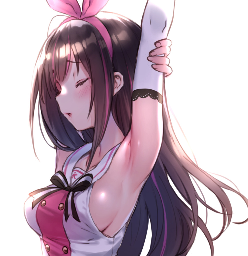 1girl a.i._channel arm_warmers armpits arms_up bare_shoulders blush bow bowtie breasts brown_hair closed_eyes highres kizuna_ai long_hair medium_breasts multicolored_hair no_bra parted_lips pink_hair pokachu sailor_collar sideboob simple_background solo streaked_hair stretch two-tone_hair upper_body very_long_hair white_background