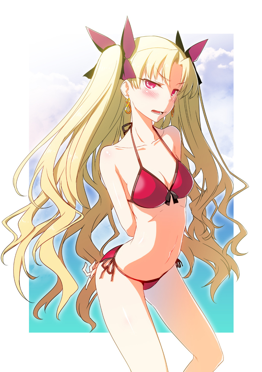 1girl arms_behind_back bangs bikini blonde_hair blush breasts cosplay earrings ereshkigal_(fate/grand_order) fate/apocrypha fate/grand_order fate_(series) highres hitotose_rin jewelry looking_at_viewer medium_breasts mordred_(fate)_(all) mordred_(fate)_(cosplay) mordred_(swimsuit_rider)_(fate) mordred_(swimsuit_rider)_(fate)_(cosplay) parted_bangs red_bikini red_ribbon ribbon solo string_bikini swimsuit tohsaka_rin two_side_up