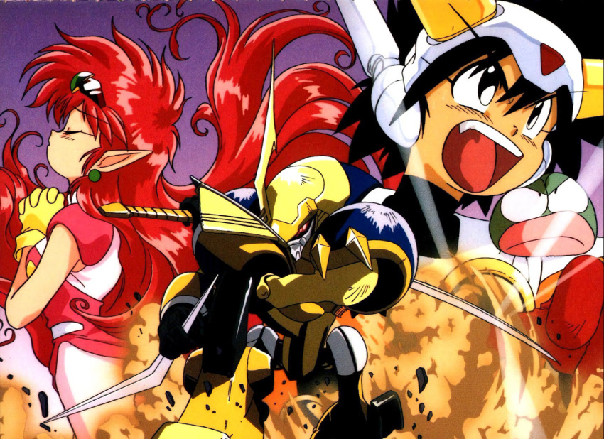 1boy 1girl 90s arara_milk baba_lamune black_eyes black_hair closed_eyes earrings fang floating_hair gloves hands_together headgear holding holding_sword holding_weapon jewelry long_hair mecha ng_knight_lamune_&amp;_40 official_art open_mouth pointy_ears prayer redhead sword tama-q weapon yellow_gloves