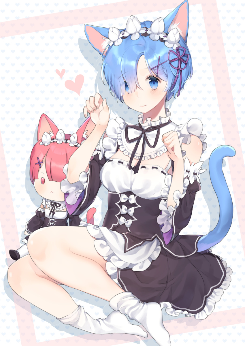 1girl absurdres animal_ears bangs black_dress black_ribbon blue_eyes blue_hair blush breasts cat_ears cat_girl cat_tail character_doll closed_mouth commentary_request detached_sleeves dress eyebrows_visible_through_hair fingernails hair_over_one_eye hair_ribbon hands_up heart heart_background highres juliet_sleeves kemonomimi_mode long_sleeves looking_at_viewer medium_breasts moffle_(ayabi) no_shoes paw_pose puffy_sleeves purple_ribbon ram_(re:zero) re:zero_kara_hajimeru_isekai_seikatsu red_eyes redhead rem_(re:zero) ribbon ribbon-trimmed_clothes ribbon_trim short_hair sleeveless sleeveless_dress sock_pull socks solo tail white_legwear wide_sleeves