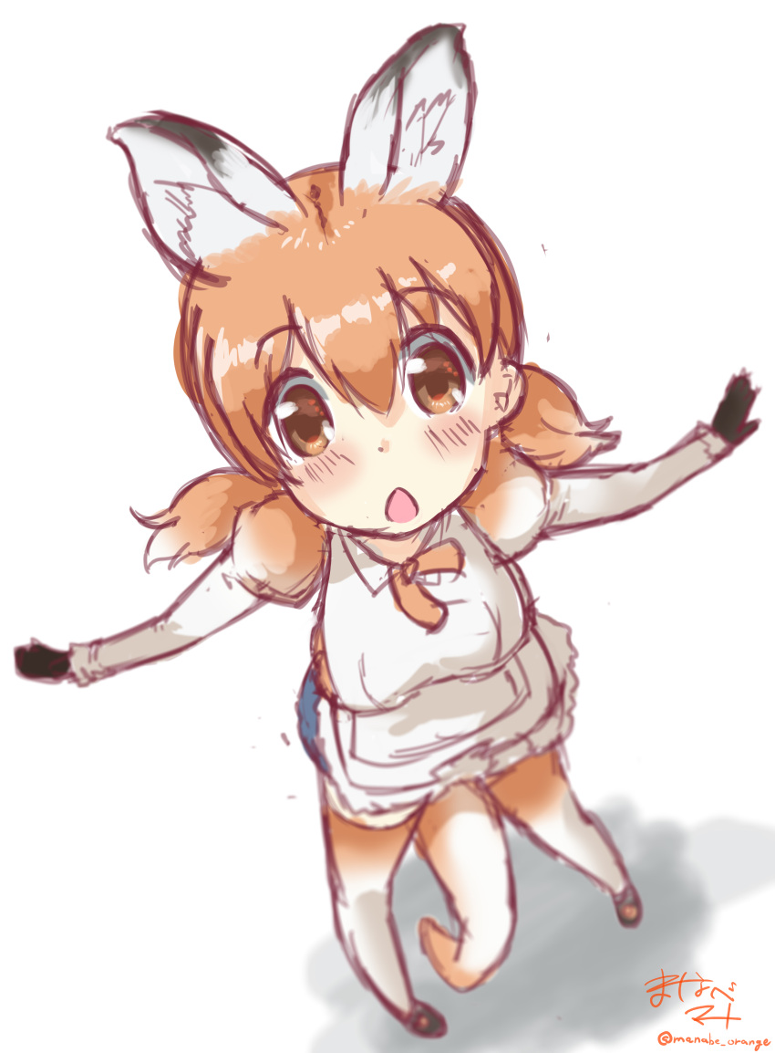 1girl absurdres apron blush denim denim_shorts from_above gloves highres juliet_sleeves kangaroo_ears kangaroo_tail kemono_friends long_sleeves looking_at_viewer manabe_mana multicolored_hair neck_ribbon open_mouth orange_hair outstretched_arms puffy_sleeves red_kangaroo_(kemono_friends) ribbon short_hair short_shorts shorts signature solo tail thigh-highs twintails twitter_username white_hair