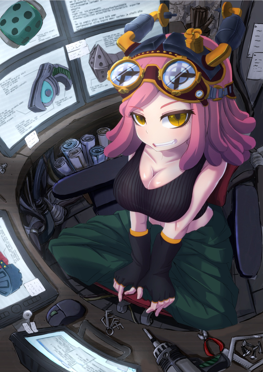 1girl allen_wrench angle bad_perspective boku_no_hero_academia breasts cable chair cleavage drill fingerless_gloves gloves goggles goggles_on_head grin hatsume_mei headgear highres looking_at_viewer medium_breasts monitor mouse_(computer) nail nut_(hardware) office_chair paper pink_hair pliers ruler screw scroll shinako sitting smile solo tools yellow_eyes