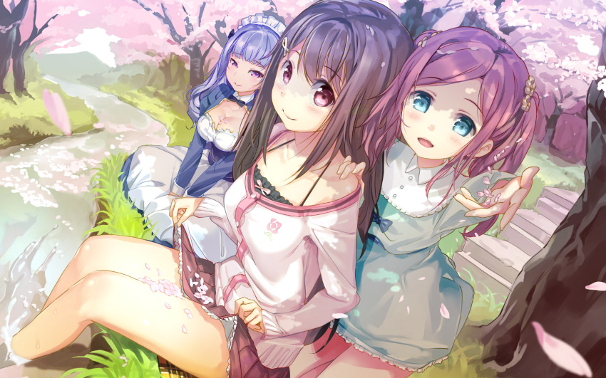 3girls :d apron blue_dress blue_eyes blurry blurry_foreground breasts cherry_blossoms chiyoda_momoka cleavage closed_mouth depth_of_field dress eyebrows_visible_through_hair grass hair_ornament hairclip highres juliet_sleeves koi_suru_kanojo_no_bukiyou_na_butai kokonoe_maria large_breasts long_hair long_sleeves looking_at_viewer maid_apron maid_headdress multiple_girls open_mouth outdoors petals pink_hair pleated_skirt puffy_sleeves purple_hair red_skirt redhead river sitting skirt smile soaking_feet souji_hougu togawa_mayuu tree violet_eyes waist_apron white_apron