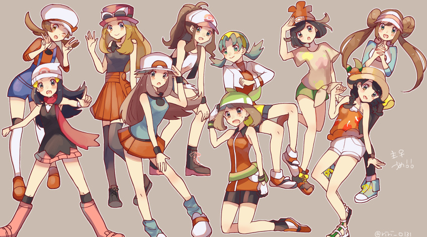 6+girls bandanna bangs bare_shoulders baseball_cap bike_shorts black_footwear black_hair black_legwear black_shirt black_vest blonde_hair blue_(pokemon) blue_eyes blue_hair blue_legwear blue_shirt boots braid brown_eyes brown_hair cabbie_hat closed_mouth collared_shirt cropped_jacket cross-laced_footwear crystal_(pokemon) cutoffs double_bun double_v dual_persona fanny_pack floral_print flower gloves green_shorts grey_background hand_up haruka_(pokemon) hat hat_flower hibiscus hibiscus_print high-waist_skirt hikari_(pokemon) index_finger_raised jacket kneehighs kotone_(pokemon) lace-up_boots long_hair long_sleeves loose_socks mei_(pokemon) miniskirt mizuki_(pokemon) multiple_girls one_eye_closed open_clothes open_jacket open_vest orange_shirt outline over-kneehighs overalls pantyhose pantyhose_under_shorts pink_footwear pink_hat pink_scarf pink_skirt pokemon pokemon_(game) pokemon_bw pokemon_bw2 pokemon_dppt pokemon_emerald pokemon_frlg pokemon_gsc pokemon_hgss pokemon_rse pokemon_sm pokemon_usum pokemon_xy puffy_shorts raglan_sleeves red_shirt red_skirt ririmon scarf serena_(pokemon) shirt shoes short_hair short_sleeves shorts skirt sleeveless sleeveless_shirt sleeves_past_elbows smile swept_bangs t-shirt tank_top thigh-highs tied_shirt touko_(pokemon) twin_braids twintails twitter_username v vest visor_cap white_hat white_jacket white_outline white_shorts wristband yellow_shorts zettai_ryouiki