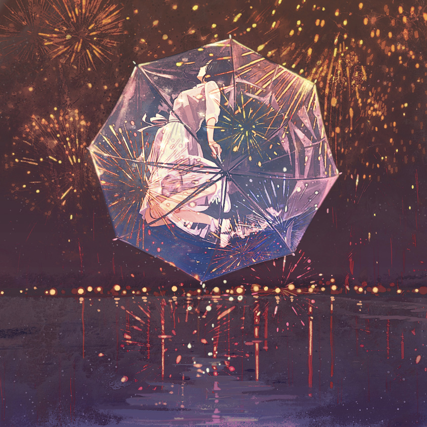 1girl black_hair dress fireworks full_body gemi highres jumping looking_to_the_side midair night night_sky original parasol reflection short_hair skirt sky solo transparent_umbrella umbrella