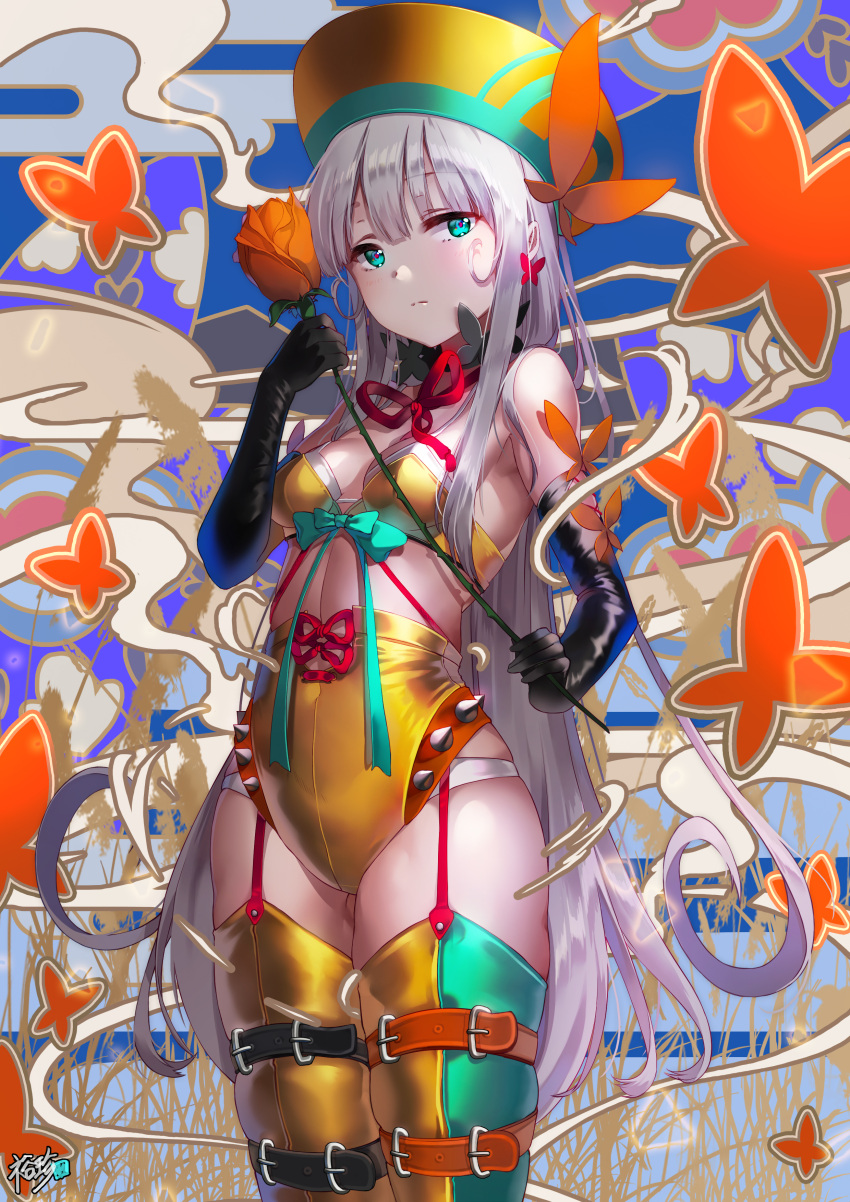 1girl absurdres bare_shoulders belt_buckle black_belt black_gloves blue_eyes breasts brown_belt buckle bug butterfly closed_mouth commentary_request egasumi elbow_gloves flower garter_straps gloves green_legwear hand_up hat highres holding holding_flower insect kyjsogom leg_belt long_hair looking_at_viewer multicolored multicolored_clothes multicolored_legwear orange_flower orange_rose original panties red_ribbon ribbon rose signature silver_hair small_breasts solo spikes thigh-highs two-tone_legwear underwear very_long_hair white_panties yellow_hat yellow_legwear