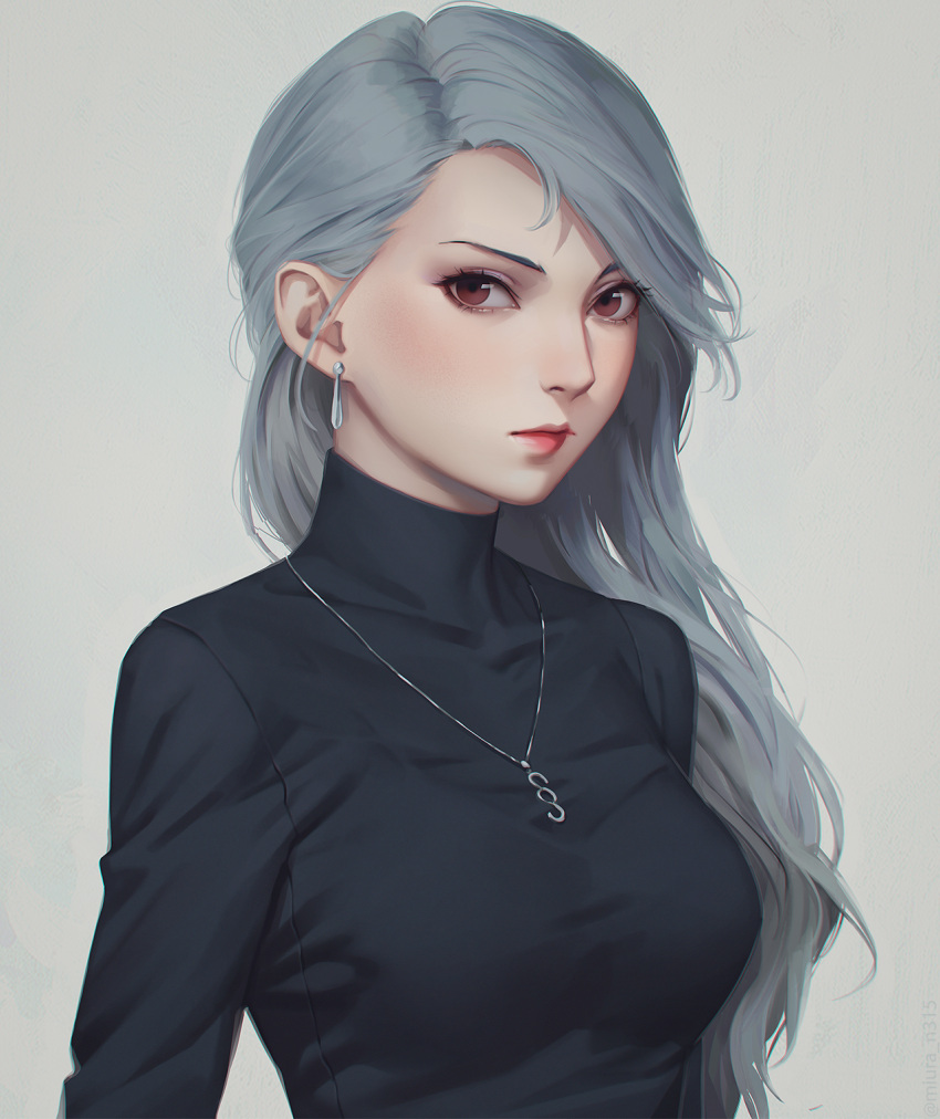 1girl black_shirt breasts brown_eyes ear_piercing grey_background grey_hair highres jewelry long_hair long_sleeves looking_at_viewer miura-n315 necklace niijima_sae persona persona_5 piercing shirt solo upper_body