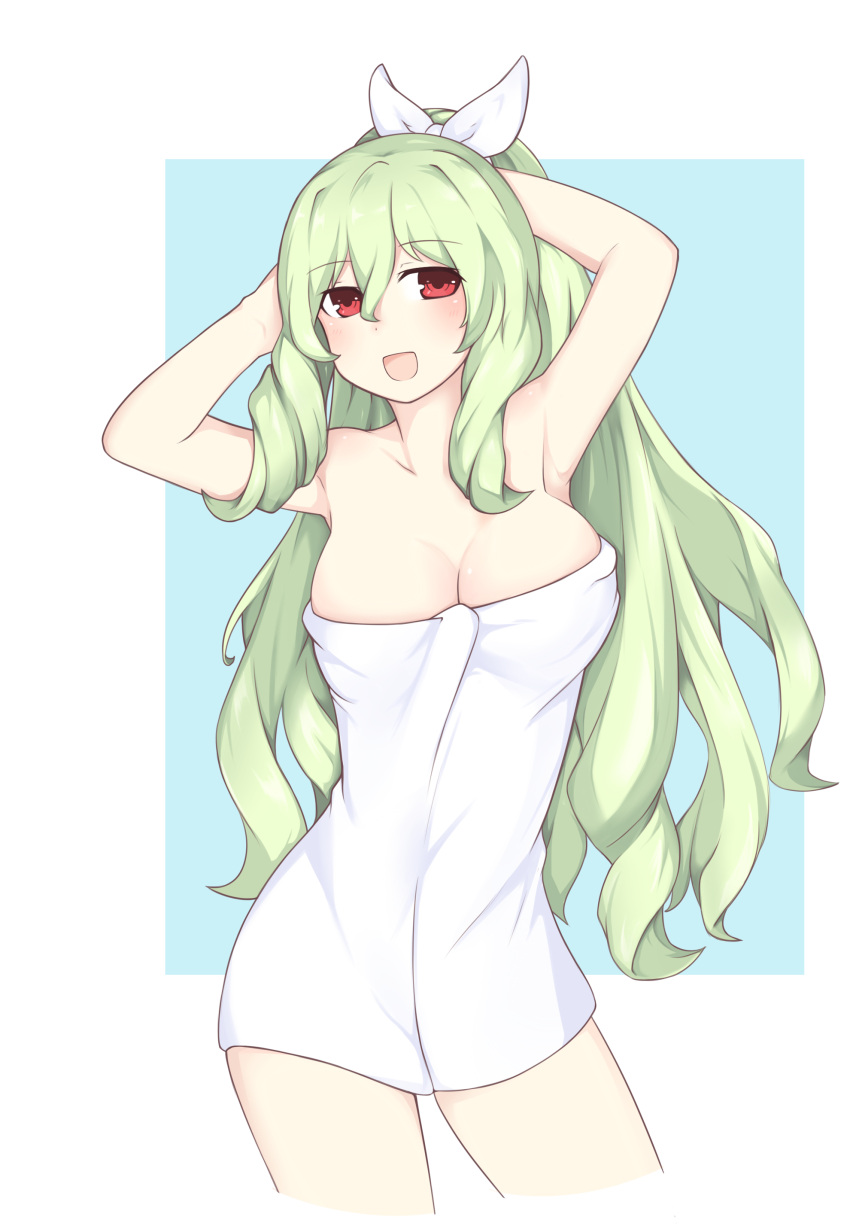 1girl :d absurdres armpits arms_behind_head arms_up bare_shoulders blush breasts choujigen_game_neptune_mk2 cleavage cowboy_shot green_hair hair_between_eyes hair_ribbon hakozaki_chika highres large_breasts long_hair looking_at_viewer naked_towel neptune_(series) open_mouth oyat ponytail red_eyes ribbon smile solo towel very_long_hair