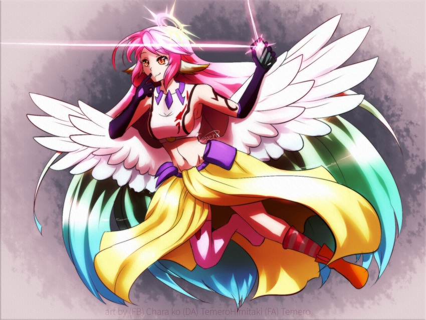 1girl angel_wings artist_request breasts cellphone closed_mouth commentary crop_top feathered_wings finger_to_mouth gloves gradient_hair halo highres jibril_(no_game_no_life) large_breasts long_hair low_wings magic_circle midriff mismatched_legwear multicolored multicolored_eyes multicolored_hair navel no_game_no_life orange_eyes phone pink_hair shoes sideboob single_shoe smile solo stomach tattoo very_long_hair white_wings wing_ears wings yellow_eyes