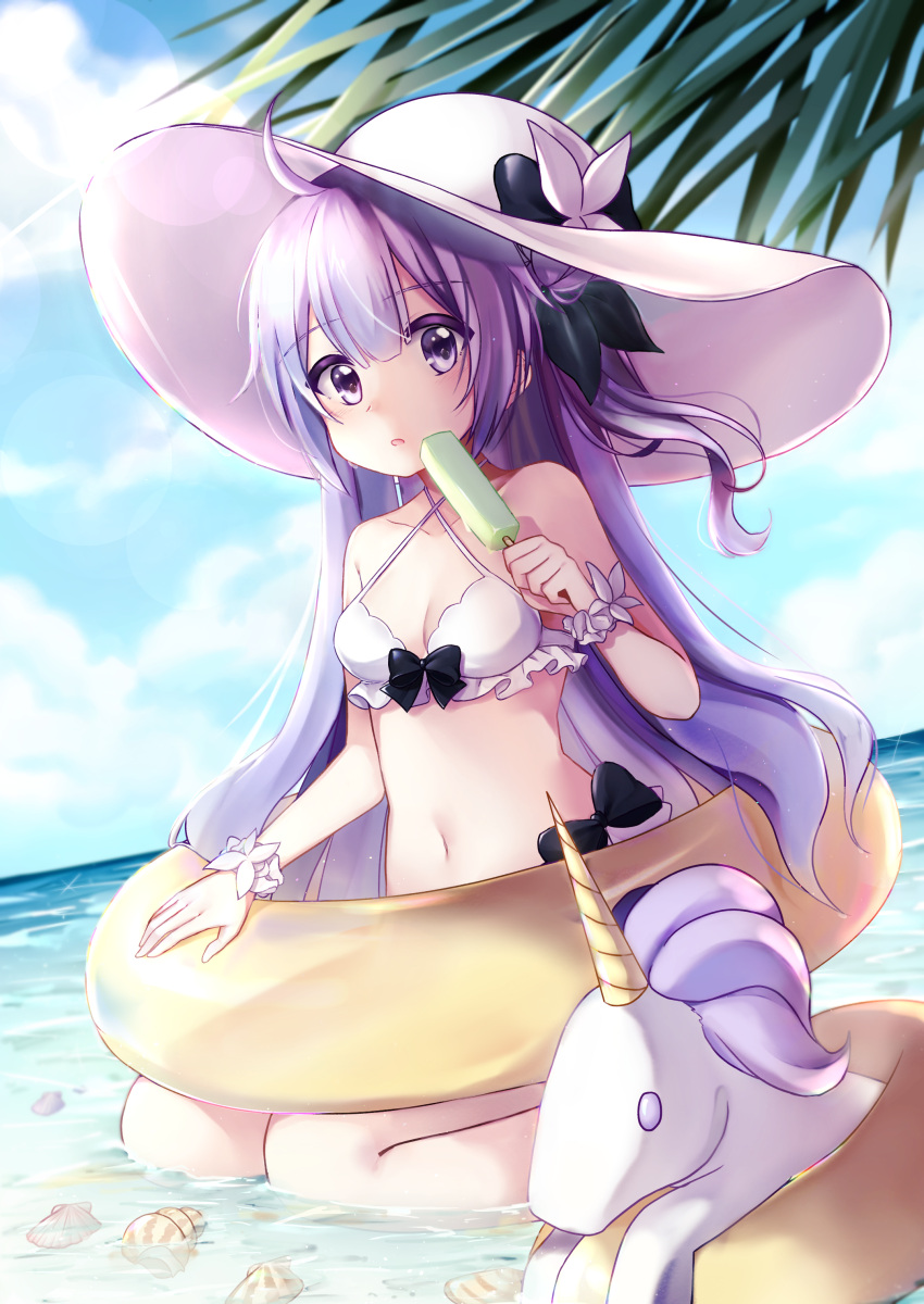 1girl absurdres ahoge azur_lane bangs bare_shoulders bikini black_bow black_ribbon blue_sky blurry blurry_background blush bow clouds collarbone commentary_request criss-cross_halter day depth_of_field dutch_angle eyebrows_visible_through_hair food hair_between_eyes hair_bun hair_ribbon halterneck hand_up hat highres holding holding_food horizon innertube long_hair looking_at_viewer navel ocean one_side_up outdoors parted_lips popsicle purple_hair ribbon scrunchie seashell seiza shell side_bun sitting sky solo stuffed_animal stuffed_toy stuffed_unicorn sun_hat swimsuit unicorn_(azur_lane) very_long_hair violet_eyes water white_bikini white_hat white_scrunchie wrist_scrunchie yellow_innertube yukkurin