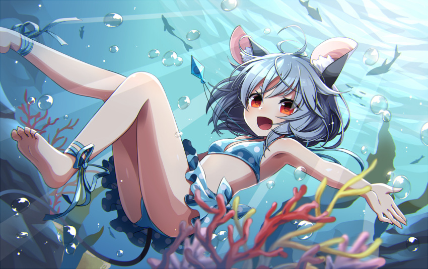 1girl animal_ears ankle_ribbon barefoot bikini blush breasts coral fish grey_hair jewelry kozakura_(dictionary) looking_at_viewer mouse_ears mouse_tail nazrin open_mouth polka_dot polka_dot_bikini polka_dot_swimsuit red_eyes ribbon short_hair small_breasts smile solo swimsuit tail thighs touhou underwater