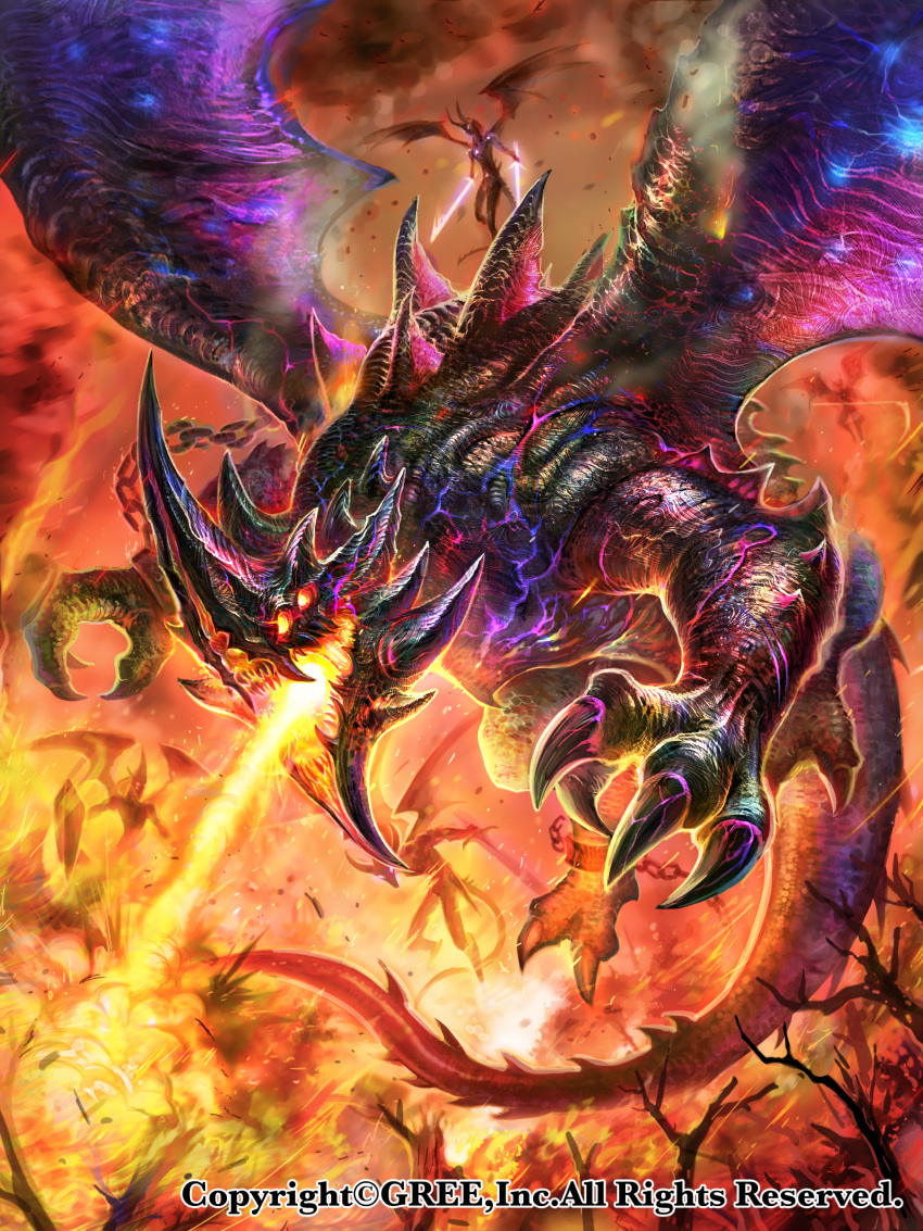 absurdres breathing_fire commentary_request demon dragon extra_eyes fire highres monster official_art open_mouth seisen_cerberus spikes tree watermark wings z.dk