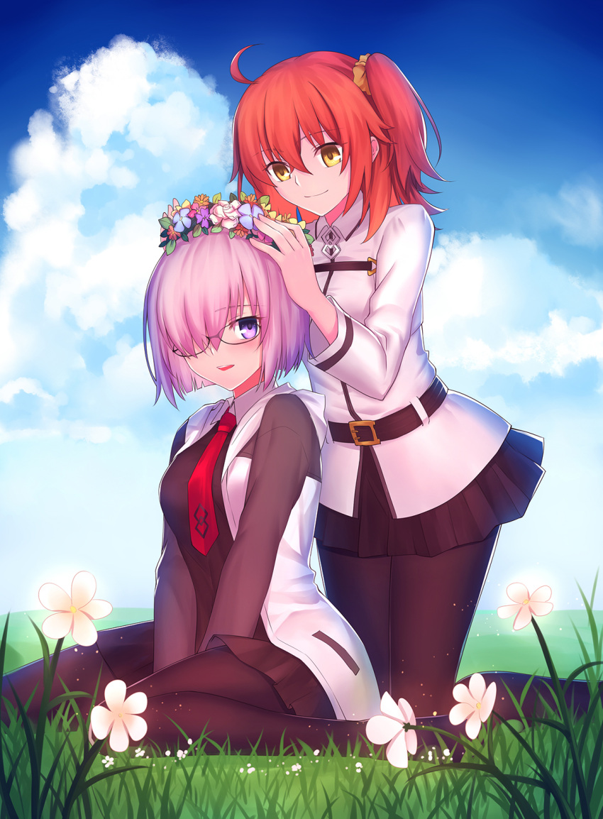 2girls bangs belt_buckle black-framed_eyewear black_belt black_dress black_legwear black_skirt blue_flower blue_sky blush breasts brown_eyes buckle chaldea_uniform closed_mouth clouds cloudy_sky commentary_request day dress eyebrows_visible_through_hair fate/grand_order fate_(series) flower flower_wreath fujimaru_ritsuka_(female) glasses gogatsu_fukuin hair_between_eyes hair_over_one_eye hand_on_another's_head head_wreath highres hood hood_down hooded_jacket jacket kneeling long_sleeves mash_kyrielight medium_breasts multiple_girls necktie no_shoes open_clothes open_jacket orange_flower orange_hair outdoors panties parted_lips pink_hair pleated_dress pleated_skirt purple_flower red_neckwear sitting skirt sky smile underwear uniform upper_teeth violet_eyes wariza white_flower white_jacket yellow_flower