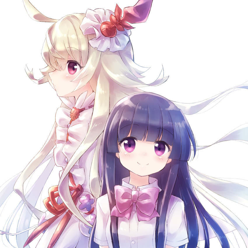 2girls bangs bare_shoulders blue_hair blunt_bangs blush bow bowtie breasts choko_(last_period) collared_shirt crossover dress eyebrows_visible_through_hair furude_rika hair_ornament highres higurashi_no_naku_koro_ni last_period long_hair looking_at_viewer multiple_girls nyaa_(nnekoron) seiyuu_connection shirt short_dress short_sleeves silver_hair simple_background sleeveless sleeveless_dress small_breasts smile tamura_yukari very_long_hair violet_eyes white_background white_dress white_shirt