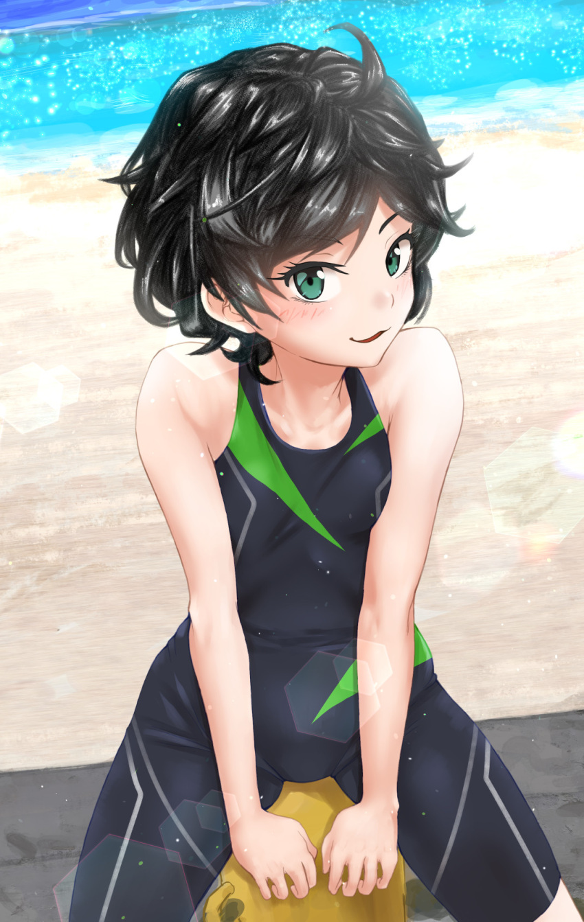 1girl ahoge bangs black_hair black_swimsuit competition_swimsuit feet_out_of_frame green_eyes highres kantai_collection looking_at_viewer matsukaze_(kantai_collection) namiki_kojiro one-piece_swimsuit short_hair solo swept_bangs swimsuit wavy_hair