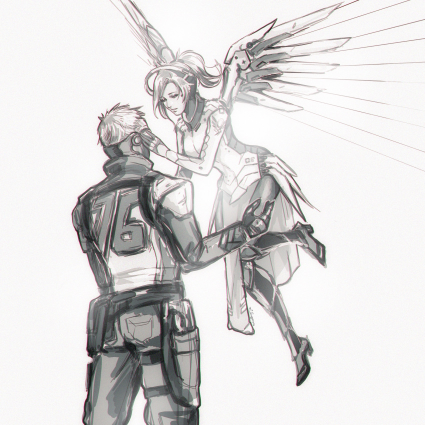 1boy 1girl bodysuit faulds flying full_body greaves hair_tie hand_on_another's_cheek hand_on_another's_face high_ponytail highres jacket looking_at_another mechanical_halo mechanical_wings medium_hair mercy_(overwatch) monochrome nose nvalkyrja overwatch pantyhose pelvic_curtain short_hair simple_background sketch soldier:_76_(overwatch) spread_wings standing visor white_background wings