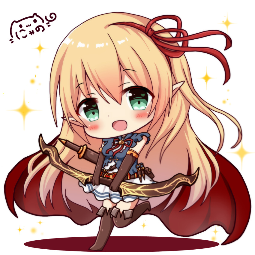 1girl :d bangs blonde_hair blue_shirt blush bow_(weapon) brown_footwear brown_gloves brown_legwear cape character_request chibi commentary_request elbow_gloves eyebrows_visible_through_hair gloves green_eyes hair_between_eyes hair_ribbon head_tilt heart heart_in_eye highres holding holding_bow_(weapon) holding_weapon long_hair looking_at_viewer nyano21 open_mouth pleated_skirt pointy_ears princess_connect! princess_connect!_re:dive red_cape red_ribbon ribbon shirt signature skirt sleeveless sleeveless_shirt smile solo sparkle standing standing_on_one_leg symbol_in_eye thigh-highs very_long_hair weapon white_background white_skirt